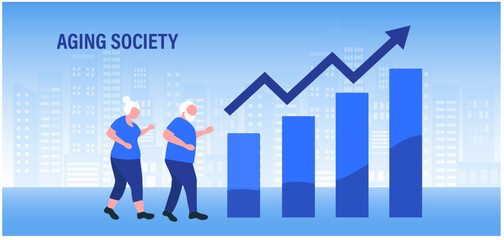 Aging society concept, world population aging because of low birth. Increasing senior elderly people vector illustration