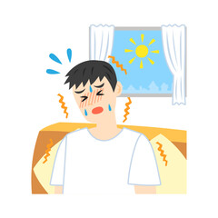 屋内で熱中症になる男性。フラットなベクターイラスト。
Indoor heatstroke man.  Flat vector illustration.