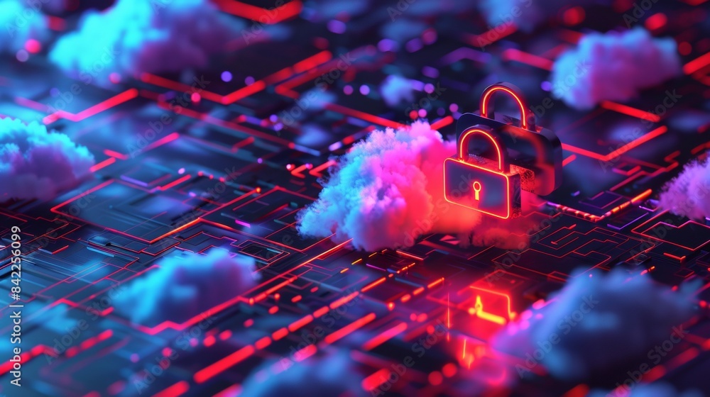 Poster 3d rendering of digital cloud with padlock icon on hologram background for security data protection