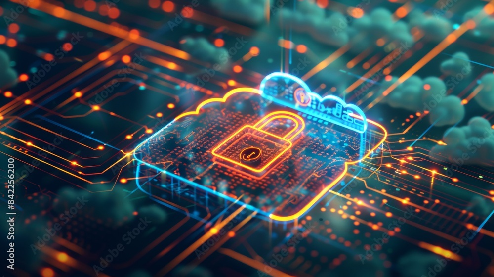 Aufkleber 3d rendering of digital cloud with padlock icon on hologram background for security data protection