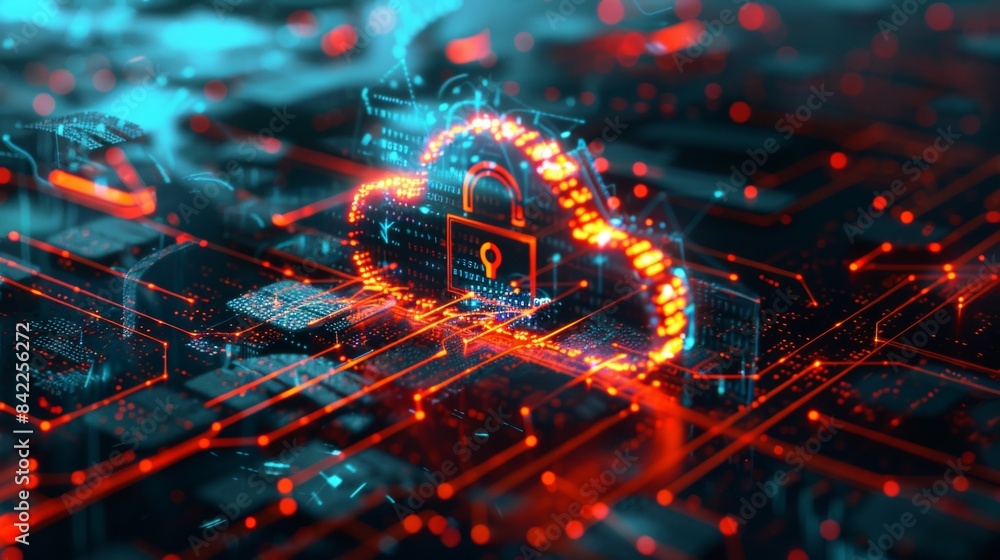 Poster 3d rendering of digital cloud with padlock icon on hologram background for security data protection