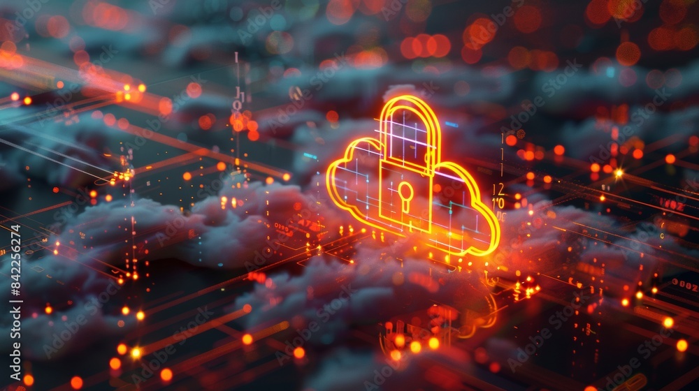 Poster 3d rendering of digital cloud with padlock icon on hologram background for security data protection