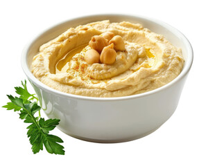 A delicious bowl of creamy hummus garnished with chickpeas and olive oil, perfect for healthy eating and Mediterranean cuisine lovers.