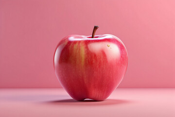 A red apple with a green stem sits on a red background