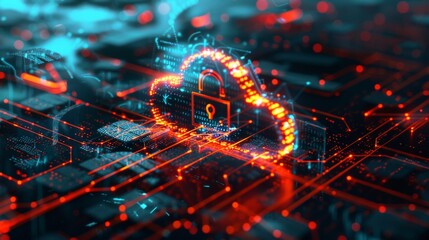 3D rendering of digital cloud with padlock icon on hologram background for security data protection