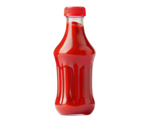 Closeup image of a classic ketchup bottle filled with tomato ketchup on a white background, ideal for culinary, condiment, and grocery themes.