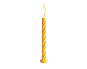 Close-up image of a lit yellow spiral candle against a transparent background, ideal for celebrations, parties, and festive occasions.