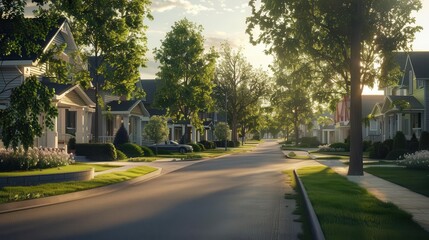 Suburban Street A quiet suburban street with houses and manicured lawns, Super cool and nice background, realistic photo stockphoto style