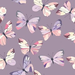 Muted pastel purple butterfly seamless pattern with soft hues on a purple background