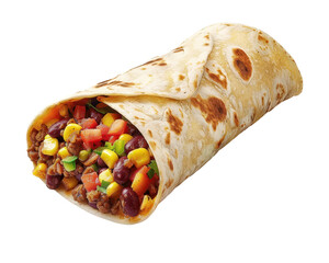 Close-up of a delicious vegetarian burrito filled with beans, corn, peppers, and fresh ingredients, wrapped in a flour tortilla.