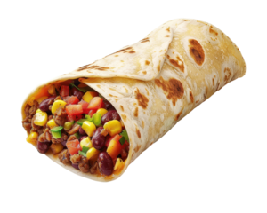 Close-up of a delicious vegetarian burrito filled with beans, corn, peppers, and fresh ingredients, wrapped in a flour tortilla.