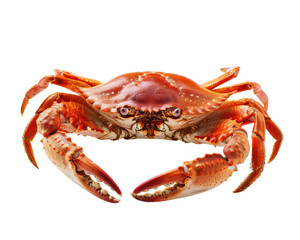 Close-up of a vibrant red crab with claws extended, isolated on a white background, showcasing its detailed texture and natural coloration.