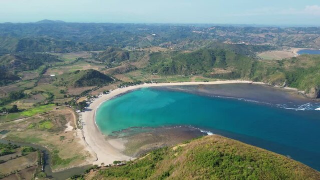 Kuta, Lombok: Aerial panoramic view of the idyllic Mawun beach near Kuta in southern Lombok in Indonesia.