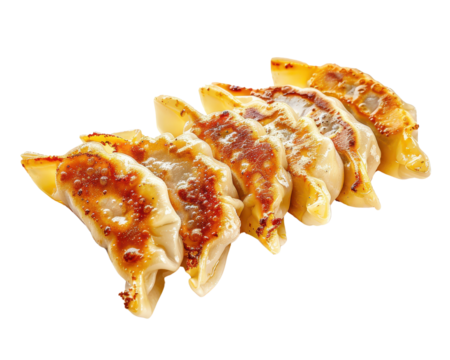 Close-up of five delicious gyoza dumplings with crispy golden skin, isolated on a white background. Ideal for culinary and food photography.
