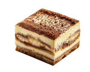 Decadent square slice of tiramisu dessert with layers of creamy mascarpone cheese, coffee-soaked ladyfingers, and cocoa powder topping.