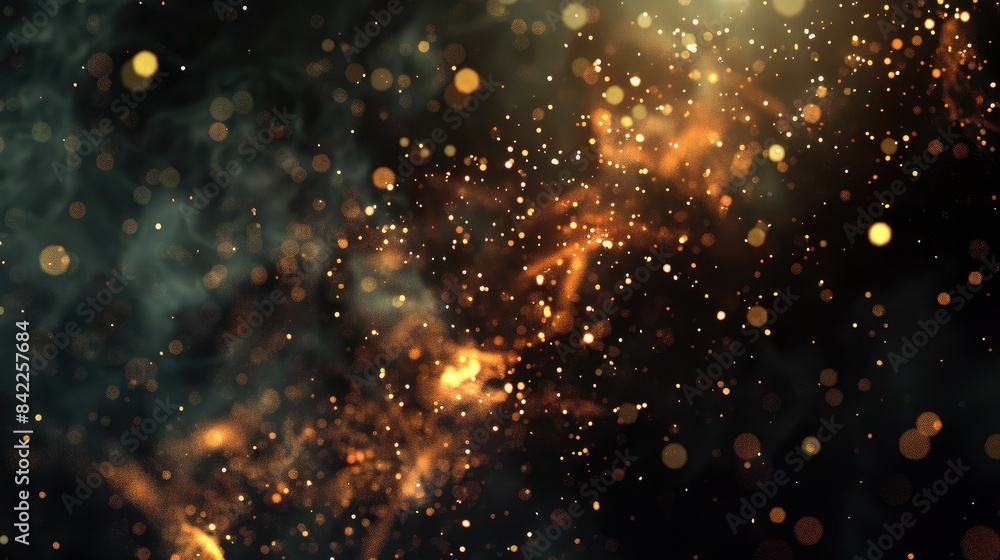 Poster glowing orange and yellow particles float through a dark space. aig535