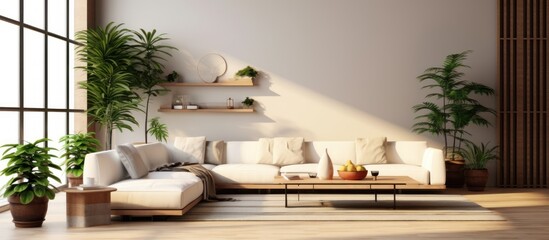 Modern living room interior with sofa and table decorated with green plants