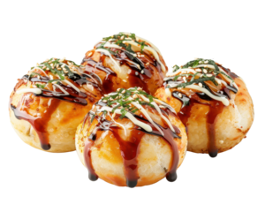 Delicious takoyaki octopus balls with savory sauce and toppings, perfect for a quick snack or appetizer. Japanese street food favorite.