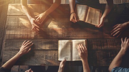 Small church group gathered around wooden table reading and studying the Bible together.