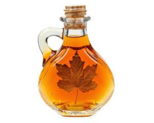 Elegant glass bottle filled with amber maple syrup, featuring a maple leaf design inside. Ideal for culinary and natural sweetener themes.