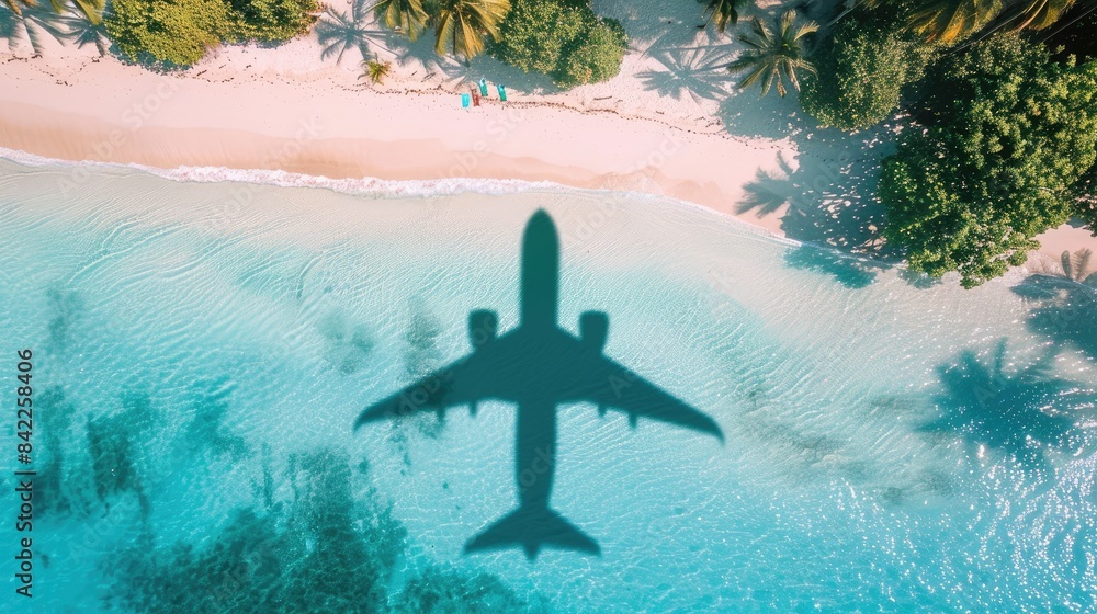 Wall mural a large shadow of an airplane cast over crystal clear blue sea water and a pristine white sandy beac