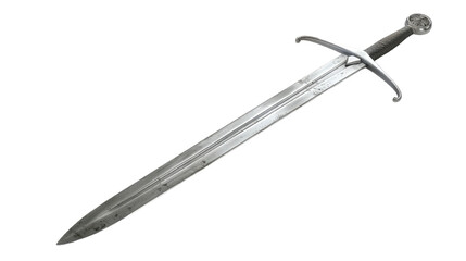 High-quality image of a medieval steel sword with a polished blade and ornate handle, isolated on a white background.