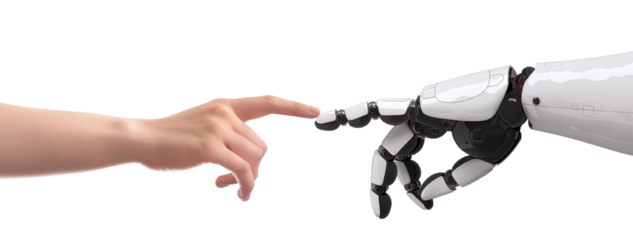 Human hand reaching out to robot hand, symbolizing connection and interaction between humanity and technology. Concept of AI and future technology.