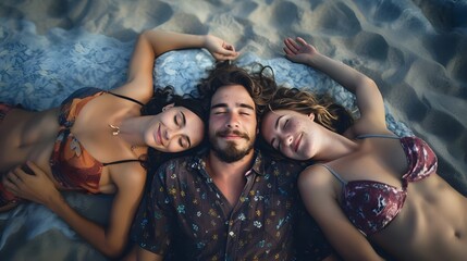 Polyamorous relationship between two women and one man, illustrating love and pride in a bisexual and lesbian inclusive threesome (Generative AI)