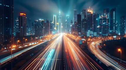 Obraz premium Traveling Fast On The Highway In A Futuristic Cyberpunk City Landscape (Generative AI)