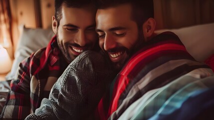 Fototapeta premium Homosexual Gay Male Couple Laying In Bed Together (Generative AI)