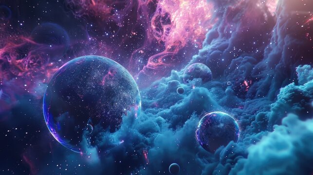 The image is showing two planets in the outer space. The planets are blue and pink and have a glowing effect. The background is filled with colorful stardust.