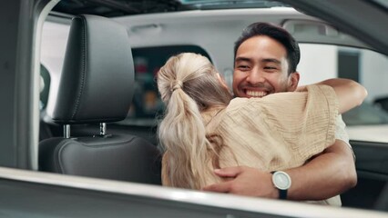 New car, purchase and couple hug with keys in hand for transportation, test drive or insight. Conversation, man and woman or customers excited with vehicle for buying, hiring and traveling or explore