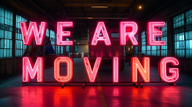 &ldquo;WE ARE MOVING&rdquo; Neon sign on moving truck - tuck rental - relocation - new location 