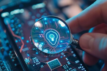 Magnifying the close-up on digital identities, character ICONS and check marks, the technical interface floats in the background. Identity security technologies used by enterprises