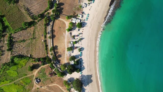 Kuta, Lombok: Aerial top down drone footage of the stunning Mawun beach near Kuta in southern Lombok in Indonesia.