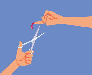 Injured Person Holding Scissors on Bleeding Finger Vector Illustration. Accidental injury with sharp object tool 
