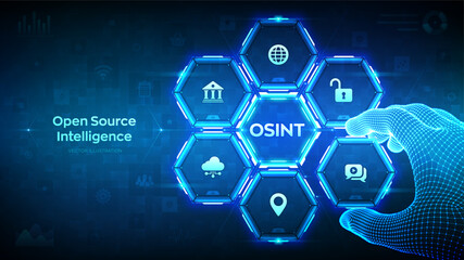 Open source intelligence. OSINT. Open data access. Open source analysis. Cyber analytics. Data gathering. Wireframe hand places an element into a composition visualizing OSINT. Vector illustration.