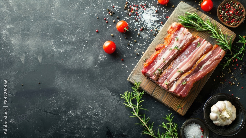 Poster pork belly on cutting board with a gray background top view empty space available