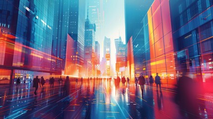 Fototapeta premium Futuristic Cityscape with Neon Lights and Reflections