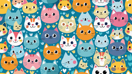 Printseamless pattern of a cute cat on diferent style and colors