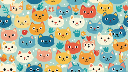 Printseamless pattern of a cute cat on diferent style and colors