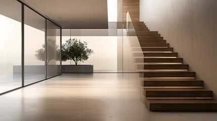 A minimalist modern home entrance with a single, sleek wooden staircase leading to a glass-walled upper level