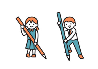 大きな鉛筆を両手で持ってポーズをとる男子生徒と女子生徒のシンプルなイラスト