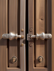 Obraz premium A close-up shot of a weathered silver metal door latch on an aged wooden door, shining 