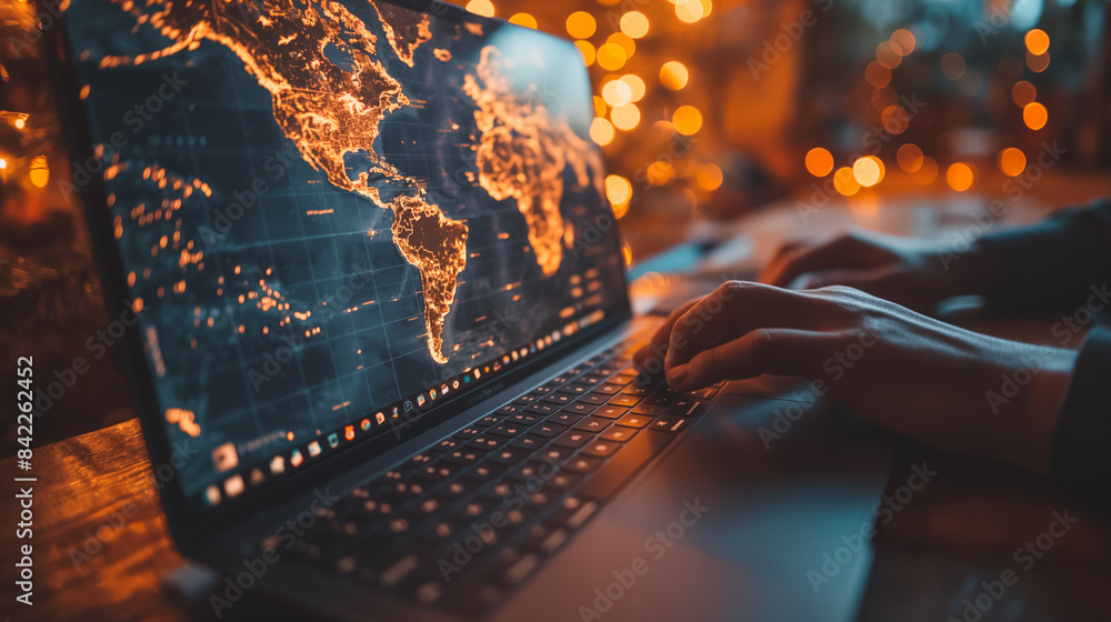 Poster a person is typing on a laptop with a map of the world on the screen