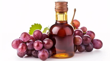 Vinegar and grapes in a bottle, on a white background.
