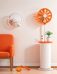 A white colored Wall revolving fan or wall mount fan on an orange wall with tube light in background, selective focus, middle class house theme
