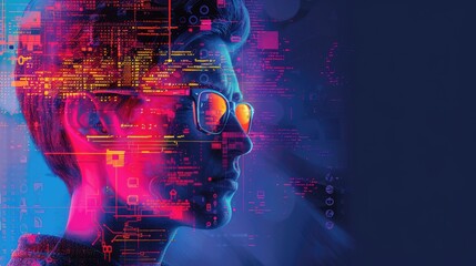 The image shows a man wearing glasses with a digital glitch effect. The colors are vibrant and the overall aesthetic is modern and high-tech.