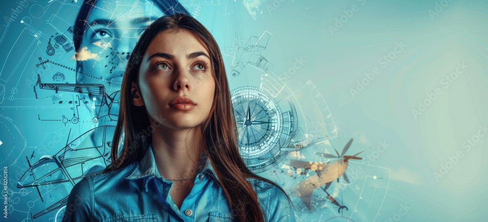 Poster the image shows a young woman looking thoughtfully into the distance. she is standing in front of a 