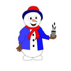 Snow man with carrot nose, smiling, with wooden arm, blue coat, blue hat with red stripe, red scarf, holding a glass of chocolate in his hand.